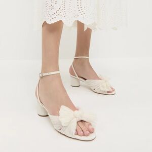 Loeffler Randall Cream Bow Ankle-Strap Block Heel Sandals